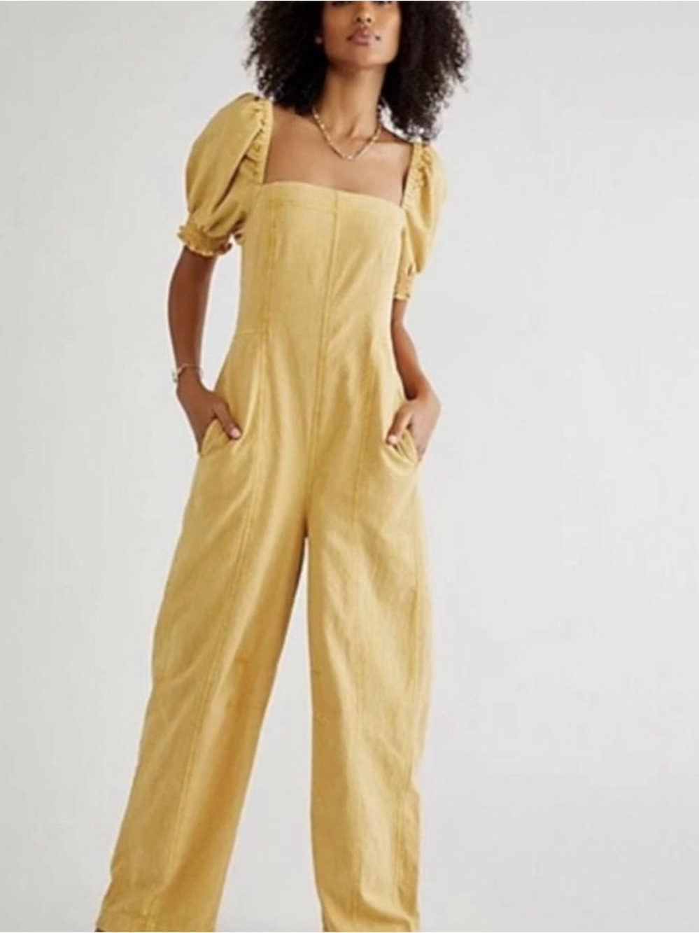 Free People Nicola Yellow Puff Sleeve Jumpsuit